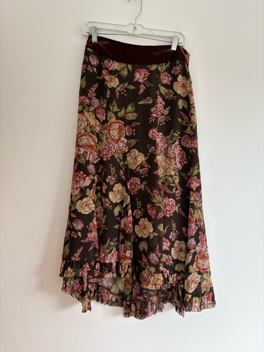 Cabi 100% Silk Brown Floral Hi Lo Midi Skirt Dark Romantic Whimsigoth Y2K XS